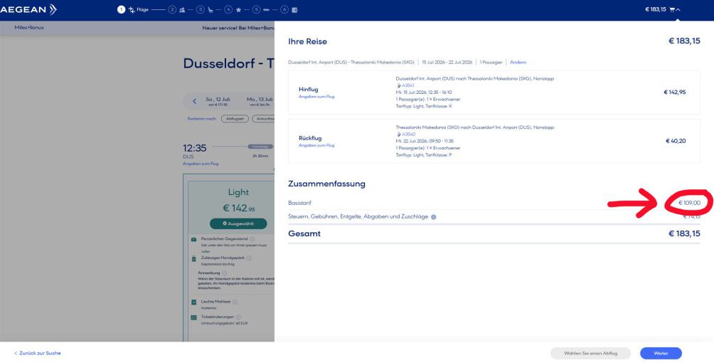 Screenshot mit der Flugpreisberechnung der Aegean zu den Rabatten an Black Friday